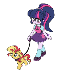 Size: 780x896 | Tagged: safe, artist:cheesesauce_45, sci-twi, sunset shimmer, twilight sparkle, human, pony, unicorn, equestria girls, g4, :d, behaving like a dog, blush sticker, blushing, cute, daaaaaaaaaaaw, duo, female, glasses, horn, leash, open mouth, open smile, pony pet, shimmerbetes, simple background, smiling, twiabetes, white background