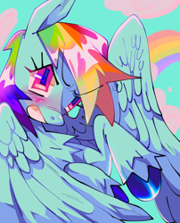 Size: 1152x1425 | Tagged: safe, artist:psych0zero, rainbow dash, pegasus, pony, g4, blushing, chest fluff, cloud, eyebrows, eyebrows visible through hair, female, grin, mare, rainbow, smiling, solo, unshorn fetlocks, wingding eyes, wings