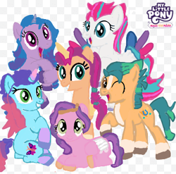 Size: 370x365 | Tagged: artist needed, safe, hitch trailblazer, izzy moonbow, misty brightdawn, pipp petals, sunny starscout, zipp storm, alicorn, earth pony, pegasus, pony, unicorn, g4, g5, my little pony: make your mark, alpha channel, base used, colored wings, crown, flying, g5 to g4, generation leap, hooves, horn, jewelry, logo, looking at you, mane five, mane six (g5), one eye closed, open mouth, open smile, raised hoof, regalia, signature, sitting, smiling, smiling at you, spread wings, wings, wink