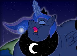 Size: 3510x2550 | Tagged: safe, artist:babclayman, princess luna, alicorn, pony, g4, chubby cheeks, earth, eating, eyes closed, fat, female, giant pony, giantess, macro, magic, mare, moon, morbidly obese, obese, open mouth, pony bigger than a planet, princess moonpig, telekinesis
