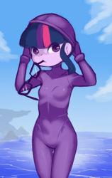 Size: 624x990 | Tagged: safe, artist:drantyno, sci-twi, twilight sparkle, equestria girls, g4, female, glasses, glasses in mouth, glasses off, looking at you, mouth hold, ocean, solo, water, wetsuit