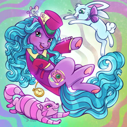 Size: 1800x1800 | Tagged: safe, artist:sparkytopia, march mischief, cat, earth pony, mouse, pony, rabbit, g3, alice in wonderland, animal, birthday jewel pony, blue hair, clothes, coat, female, glitter, hat, heart, heart eyes, hoof heart, looking at you, mad hatter, mare, open mouth, open smile, pocket watch, purple coat, raised hoof, smiling, solo, underhoof, wingding eyes