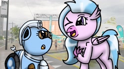 Size: 1920x1080 | Tagged: safe, artist:foxfer64_yt, silverstream, oc, oc only, oc:silverstream (robot pony), hippogriff, original species, pony, robot, robot pony, asking, city, looking at each other, looking at someone, looking up, namesake, one eye closed, pun, question mark, visual pun, wink