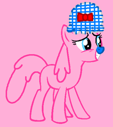 Size: 400x450 | Tagged: safe, artist:rain-approves, artist:spitfirethepegasusfan39, earth pony, pony, g4, adult blank flank, base used, blank flank, blue nose, bonnet, bow, female, grin, little miss, little miss lucky, lucky, mare, mr. men, mr. men little miss, open mouth, pink background, ponified, simple background, smiling, solo