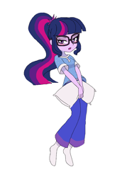 Size: 1353x1891 | Tagged: safe, artist:cheesesauce_45, sci-twi, twilight sparkle, human, equestria girls, g4, blushing, clothes, female, glasses, lidded eyes, open mouth, pajamas, pillow, ponytail, simple background, solo, white background