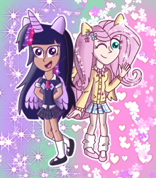Size: 768x874 | Tagged: safe, artist:hataridoomswqn1999, fluttershy, twilight sparkle, human, g4, alicorn humanization, bowtie, cardigan, clothes, cute, duo, duo female, eared humanization, eyeshadow, female, horned humanization, humanized, leg warmers, makeup, mary janes, one eye closed, open mouth, shirt, shoes, shyabetes, skirt, socks, stockings, sweater vest, thigh highs, twiabetes, vest, winged humanization, wink