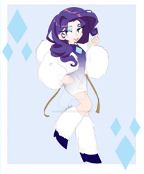 Size: 1280x1545 | Tagged: safe, artist:colorspaint15, rarity, human, g4, bedroom eyes, clothes, deviantart watermark, dress, eyeshadow, female, fur coat, high heels, humanized, leg warmers, makeup, measuring tape, obtrusive watermark, open mouth, shoes, solo, watermark