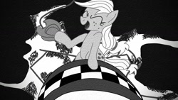 Size: 1280x720 | Tagged: safe, artist:dhm, applejack, earth pony, pony, g4, applejack's hat, atomic bomb, black and white, bomb, cowboy hat, digital art, dr. strangelove, eyes closed, falling, film grain, grayscale, hat, magnetic hooves, monochrome, movie reference, nuclear weapon, open mouth, open smile, riding, rodeo, smiling, solo, weapon