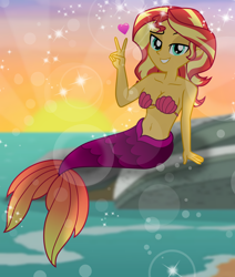 Size: 7458x8778 | Tagged: safe, artist:emeraldblast63, sunset shimmer, mermaid, equestria girls, g4, bare shoulders, bra, breasts, cleavage, fish tail, mermaid tail, mermaidized, peace sign, seashell, seashell bra, sleeveless, species swap, strapless, stupid sexy sunset shimmer, tail