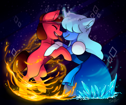 Size: 3563x2952 | Tagged: safe, artist:wallvie, earth pony, gem (race), gem pony, pony, unicorn, canon ship, duo, duo female, female, fire, horn, ice, imminent fusion, lesbian, mare, non-mlp shipping, ponified, ruby (steven universe), rupphire, sapphire (steven universe), shipping, steven universe