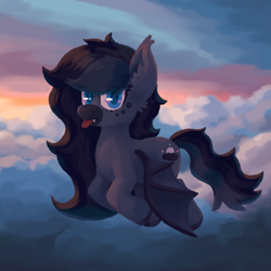 Size: 2000x2000 | Tagged: safe, artist:impamy, oc, oc only, oc:moonlight dusk, bat pony, pony, :p, bat pony oc, bat wings, cloud, cloudy, digital art, fangs, female, flying, looking at you, mare, sky, solo, sunset, tongue out, wings