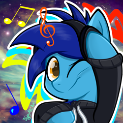 Size: 1280x1280 | Tagged: safe, artist:funnyk16, oc, oc:apply, pegasus, abstract background, clothes, headphones, hoodie, looking at you, music notes, one eye closed, solo, wink, winking at you