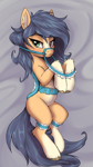 Size: 585x1040 | Tagged: safe, artist:shydale, oc, oc only, oc:tabootask, earth pony, pony, aggie.io, bedroom eyes, belly, blushing, bridle, coat markings, ear fluff, facial markings, female, garters, looking at you, lying down, mare, on back, round belly, saddle, sexy, socks (coat markings), solo, tack, unshorn fetlocks