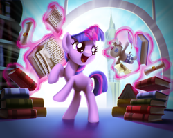 Size: 6000x4800 | Tagged: safe, artist:moonlitbrush, smarty pants, twilight sparkle, pony, unicorn, g4, absurd resolution, book, bookshelf, crepuscular rays, cute, female, filly, filly twilight sparkle, foal, glowing, glowing horn, happy, horn, indoors, levitation, magic, magic aura, open mouth, open smile, quill, rearing, scroll, smiling, solo, telekinesis, twiabetes, twilight's canterlot home, unicorn twilight, window, younger