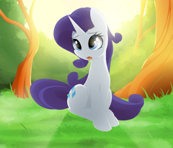 Size: 1920x1647 | Tagged: safe, artist:posionjoke, rarity, pony, unicorn, g4, crepuscular rays, cute, eyebrows, female, forest, grass, horn, mare, nature, open mouth, raribetes, sitting, solo, tree