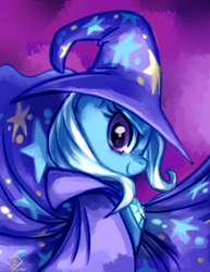 Size: 2550x3300 | Tagged: safe, artist:whitediamonds, trixie, pony, unicorn, g4, brooch, bust, cape, clothes, female, hat, high res, jewelry, looking at you, mare, portrait, profile, signature, smiling, smiling at you, solo, trixie's brooch, trixie's cape, trixie's hat