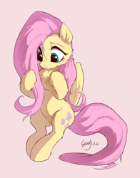 Size: 1442x1836 | Tagged: safe, artist:luciferamon, fluttershy, pegasus, pony, g4, belly, chest fluff, cute, female, fluffy, looking at self, mare, shyabetes, signature, simple background, sitting, solo, stray strand, tail, three quarter view, wings