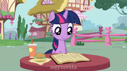 Size: 800x449 | Tagged: safe, artist:zeffdakilla, rainbow dash, twilight sparkle, pegasus, pony, unicorn, animated, blushing, book, burger, derp, drink, fast food, female, flying, food, gif, horn, kissing, lesbian, looking at each other, looking at someone, ponyville, reading, ship:twidash, shipping, shocked, sitting, smiling, soda, table, unicorn twilight
