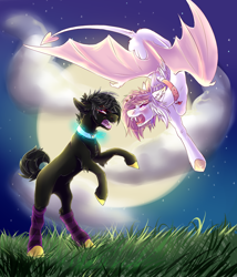 Size: 1200x1400 | Tagged: safe, artist:coyhund, oc, oc only, bat pony, angry, duo, grass, night, open mouth
