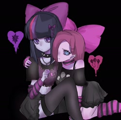 Size: 2048x2024 | Tagged: safe, artist:m09160, pinkie pie, twilight sparkle, human, equestria girls, g4, arm on shoulder, bow, choker, clothes, duo, duo female, emo, female, goth, hair over one eye, humanized, lesbian, midriff, ship:twinkie, shipping, stockings, thigh highs