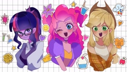 Size: 2048x1160 | Tagged: safe, artist:m09160, applejack, pinkie pie, sci-twi, twilight sparkle, equestria girls, g4, apple, bare shoulders, cheese, choker, clothes, cupcake, erlenmeyer flask, female, flask, flower, food, grid, heart, one eye closed, open mouth, patterned background, rainbow dash's cutie mark, smiley face, smiling, sticker, tank top, test tube, trio, twilight sparkle's cutie mark, vest
