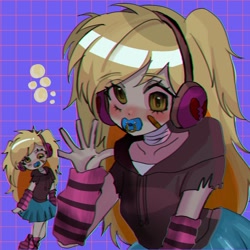 Size: 2048x2048 | Tagged: safe, artist:m09160, derpy hooves, human, equestria girls, g4, arm warmers, bandaid, chromatic aberration, clothes, eyestrain warning, female, grid, headphones, hoodie, humanized, leg warmers, pacifier, patterned background, scene, skirt, solo, waving, waving at you