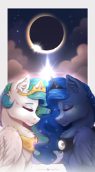 Size: 2850x5175 | Tagged: safe, artist:serenity, princess celestia, princess luna, alicorn, pony, g4, 2024 solar eclipse, alicorns only, chest fluff, cloud, duo, duo female, eclipse, eyes closed, feathered wings, female, fluffy, folded wings, high res, horn, horns are touching, jewelry, magic, moon, peytral, regalia, royal sisters, siblings, sisters, sisters being sisters, solar eclipse, sun, wings