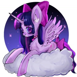 Size: 1493x1493 | Tagged: safe, artist:m09160, twilight sparkle, alicorn, pony, g4, bow, cloud, ear fluff, hair bow, horn, lying down, lying on a cloud, on a cloud, sky, solo, spread wings, stars, tail, tail bow, twilight sparkle (alicorn), wings