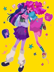 Size: 1536x2048 | Tagged: safe, artist:m09160, pinkie pie, twilight sparkle, equestria girls, g4, book, clothes, female, hug, hug from behind, leg warmers, lesbian, ship:twinkie, shipping, simple background, surprise hug, surprised, yellow background