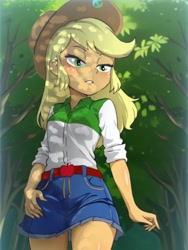 Size: 960x1280 | Tagged: safe, artist:maxtoon24, applejack, human, equestria girls, g4, arms, belt, breasts, bust, button-up shirt, clothes, cowboy hat, denim skirt, female, freckles, grab, grope, hand, hat, high heel boots, legs, lidded eyes, long hair, open mouth, ponytail, reasonably sized breasts, shirt, short sleeves, skirt, solo, teenager, teeth