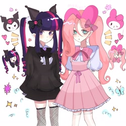 Size: 2048x2048 | Tagged: safe, artist:m09160, fluttershy, twilight sparkle, human, animal ears, bow, clothes, dress, fishnet pantyhose, humanized, kuromi, lolita fashion, my melody, pigtails, sanrio, simple background, stockings, thigh highs, white background