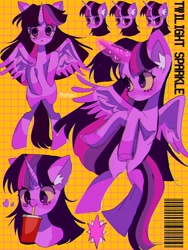 Size: 1536x2048 | Tagged: safe, artist:m09160, twilight sparkle, alicorn, barcode, drink, grid, simple background, twilight sparkle (alicorn), yellow background