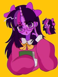 Size: 1404x1871 | Tagged: safe, artist:m09160, twilight sparkle, human, book, bow, bowtie, clothes, glasses, horn, horned humanization, humanized, simple background, sweater, yellow background