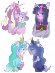 Size: 1536x2048 | Tagged: safe, artist:m09160, princess cadance, princess celestia, princess flurry heart, princess luna, twilight sparkle, human, equestria girls, g4, argument, book, eared humanization, female, forehead kiss, humanized, jewelry, kissing, mother and child, mother and daughter, siblings, simple background, sisters, tiara, white background
