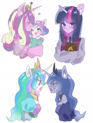 Size: 1536x2048 | Tagged: safe, artist:m09160, princess cadance, princess celestia, princess flurry heart, princess luna, twilight sparkle, human, equestria girls, g4, alicorn pentarchy, argument, book, eared humanization, female, forehead kiss, horn, horned humanization, humanized, jewelry, kissing, mother and child, mother and daughter, royal sisters, siblings, simple background, sisters, tiara, twilight sparkle (alicorn), white background