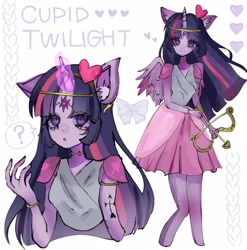 Size: 2020x2048 | Tagged: safe, artist:m09160, twilight sparkle, human, equestria girls, g4, arrow, bow (weapon), bow and arrow, clothes, cupid, dress, ear fluff, female, heart, horn, horned humanization, humanized, solo, weapon, winged humanization, wings