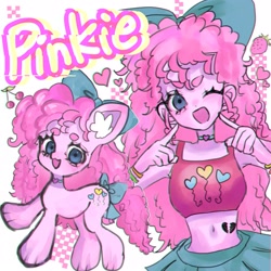 Size: 2048x2048 | Tagged: safe, artist:m09160, pinkie pie, earth pony, human, pony, equestria girls, g4, belly, belly button, bow, clothes, colored ear fluff, colored eyebrows, ear fluff, female, hair bow, heart, human ponidox, midriff, self paradox, self ponidox, skirt, slender, tail, tail bow, thin