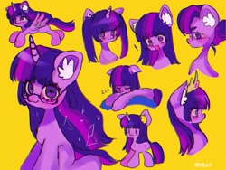 Size: 2048x1536 | Tagged: safe, artist:m09160, twilight sparkle, pony, g4, :3, beanbrows, chromatic aberration, colored ear fluff, constellation hair, ear fluff, eyebrows, eyebrows visible through hair, eyestrain warning, glasses, hair bun, jewelry, multeity, onomatopoeia, pigtails, simple background, sleeping, sound effects, sparkle sparkle sparkle, tiara, twintails, yellow background, zzz