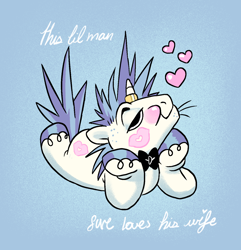 Size: 1370x1421 | Tagged: safe, artist:gorjee-art, shining armor, pony, unicorn, g4, alternate cutie mark, bowtie, cheek kiss, floating heart, heart, hoof on chin, horn, horn ring, implied princess cadance, kissing, lidded eyes, lying down, male, meme, messy mane, prone, ring, solo, sploot, stallion, text, the bride and the ugly ass groom