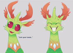 Size: 3564x2589 | Tagged: safe, artist:bishopony, thorax, changedling, changeling, g4, blush scribble, blushing, bust, eyes closed, gray background, grin, high res, king thorax, looking at you, male, sharp teeth, simple background, smiling, smiling at you, solo, teeth
