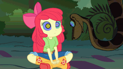 Size: 1920x1080 | Tagged: safe, artist:ocean lover, apple bloom, human, python, snake, equestria girls, g4, animated, apple bloom's bow, belt, boots, bow, bush, clothes, crossover, disney, everfree forest, forest, forked tongue, gif, hair bow, hypno eyes, hypnosis, hypnotized, kaa, kaa eyes, leaves, link in description, looking at each other, looking at someone, nature, red hair, shirt, shoes, sitting, tree, youtube, youtube link, youtube video