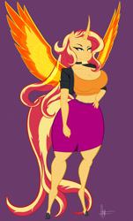 Size: 1492x2469 | Tagged: safe, artist:panthra78, sunset shimmer, alicorn, anthro, unguligrade anthro, g4, alicornified, artificial wings, augmented, belly button, breasts, busty sunset shimmer, choker, cleavage, clothes, female, hand on hip, jacket, magic, magic wings, midriff, purple background, race swap, shimmercorn, short shirt, simple background, skirt, solo, wings