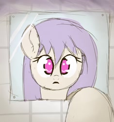 Size: 552x588 | Tagged: safe, artist:anonymous, oc, oc only, earth pony, pony, /ptfg/, doodle, female, human to pony, looking at mirror, mare, mirror, offscreen character, open mouth, pink eyes, post-transformation, pov, purple mane, reflection, shocked, shocked expression, slack jaw, solo