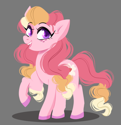 Size: 2890x3000 | Tagged: safe, artist:cartoonssams, oc, oc only, oc:honeycrisp blossom, earth pony, pony, female, filly, foal, freckles, gray background, offspring, open mouth, open smile, parent:big macintosh, parent:princess cadance, parents:cadmac, raised hoof, simple background, smiling, solo