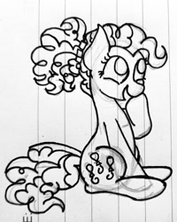 Size: 820x1024 | Tagged: safe, artist:raypanda, pinkie pie, earth pony, pony, g4, female, lined paper, monochrome, ponytail, sitting, sketch, smiling, solo, traditional art
