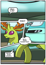 Size: 1614x2283 | Tagged: safe, artist:rex-equinox, part of a set, princess ember, thorax, changedling, changeling, comic:thorax's shocking express, g4, comic, commission, inanimate tf, king thorax, locomotive, story included, train, trainified, transformation, vehicle