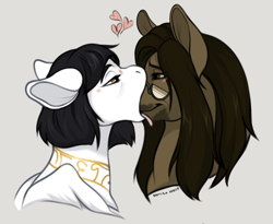 Size: 2324x1910 | Tagged: safe, artist:norikowolf, oc, oc only, oc:solid punch, oc:spicy stir, earth pony, pegasus, pony, blushing, dark mane, duo, duo male and female, egyptian, egyptian pony, female, glasses, heart, kissing, loving gaze, male, married couple, nom, oc x oc, runes, shipping, wholesome