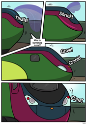 Size: 1614x2283 | Tagged: safe, artist:rex-equinox, part of a set, thorax, changeling, comic:thorax's shocking express, g4, comic, commission, inanimate tf, locomotive, story included, train, trainified, transformation, vehicle