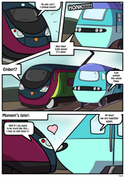 Size: 1614x2283 | Tagged: safe, artist:rex-equinox, part of a set, princess ember, thorax, changeling, comic:thorax's shocking express, g4, comic, commission, heart, implied shipping, inanimate tf, locomotive, story included, train, trainified, transformation, vehicle