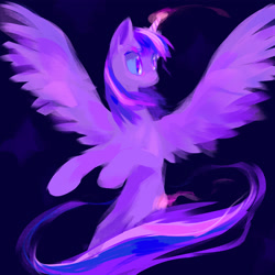 Size: 4000x4000 | Tagged: safe, artist:frostharbourer, twilight sparkle, alicorn, pony, g4, absurd resolution, blue background, female, glowing, glowing horn, horn, looking offscreen, mare, simple background, solo, spread wings, twilight sparkle (alicorn), wings